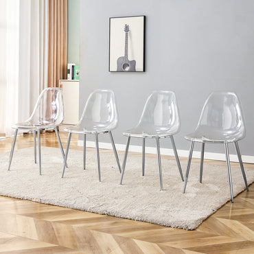 Modern Minimalist Transparent Dining Chair Set 6pcs Armless Nordic Makeup Stool with Silver Plated Metal Legs