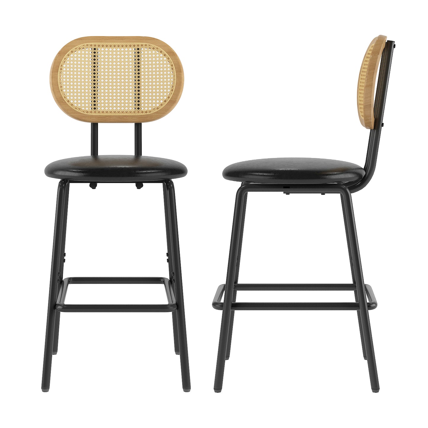 Rattan Bar Stool Set of 2 Indoor Leather Counter Height Chairs with Metal Legs and Rattan Backrest for Kitchen Island Dining