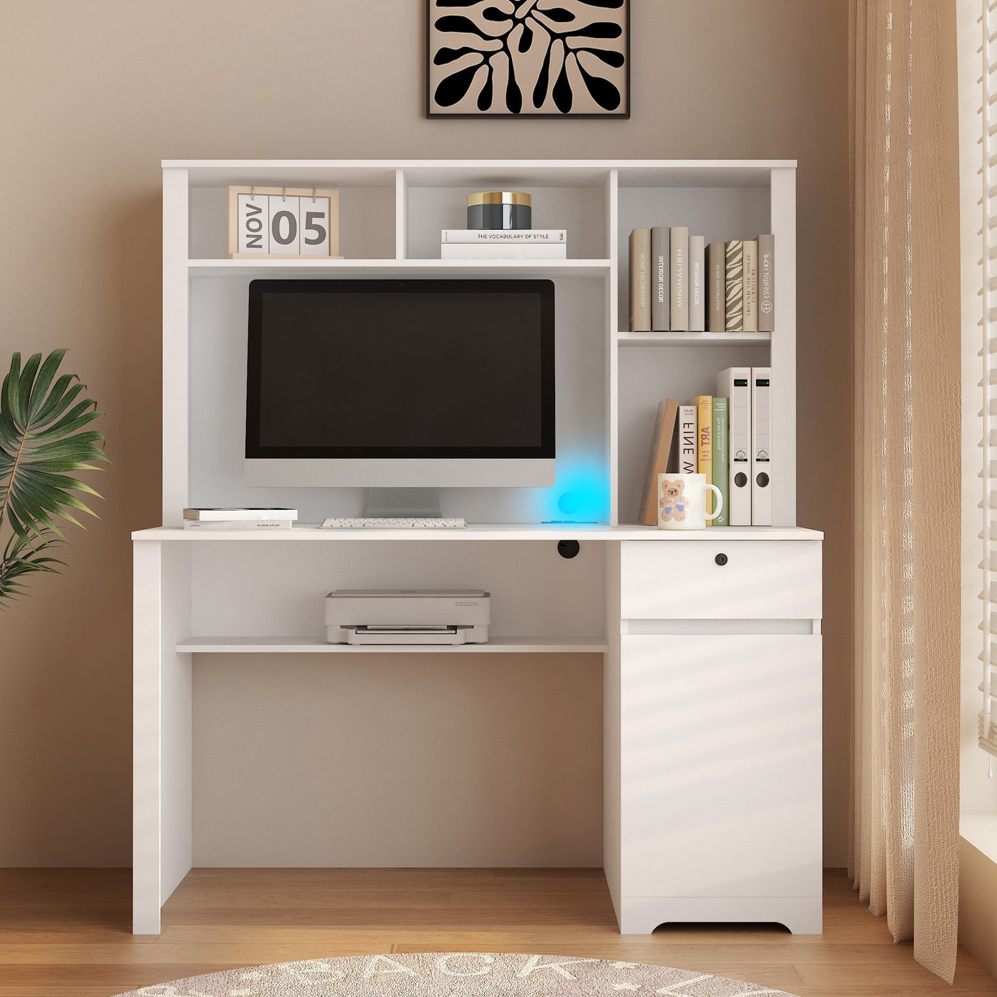 White Wood Executive Desk with Hutch Bookshelf 3 AC Outlets 2 USB Ports for Home Office Study