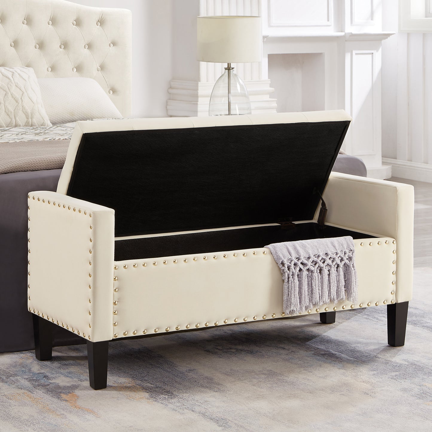 Upholstered Tufted Button Storage Bench with Nail Trim Soft Padded Seat Armrest Entryway Living Room Cream Bed Bench