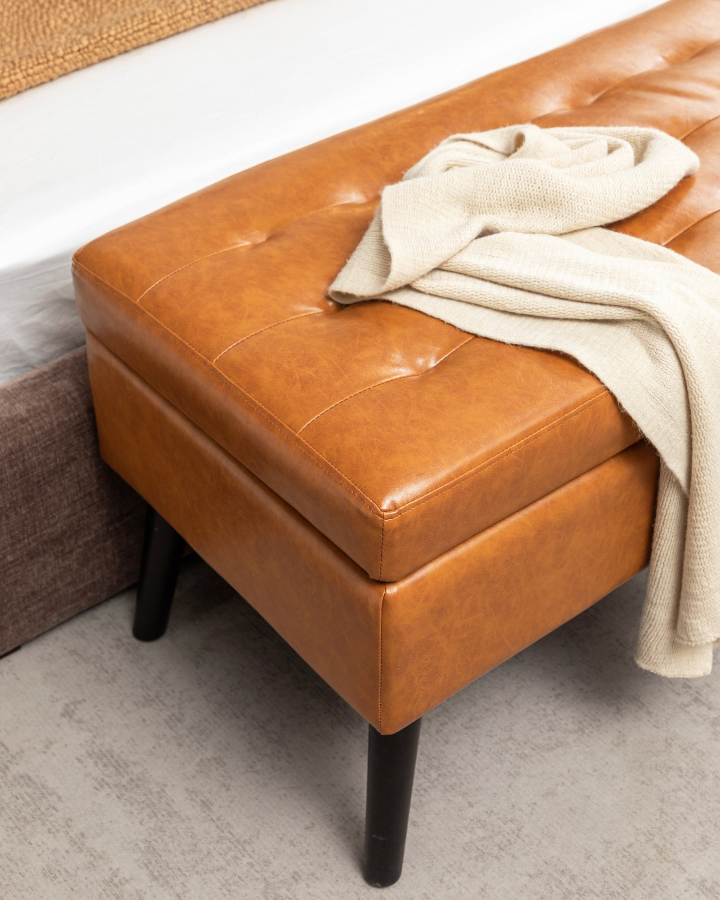 Brown Leather Storage Bench for Bedroom Entryway 43.3" Stylish Ottoman at Foot of Bed