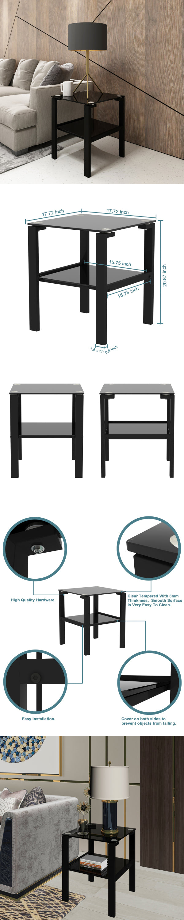 Set of 2 Glass Two Layer Round Tea Table Small Corner Table for Bedroom Living Room Black