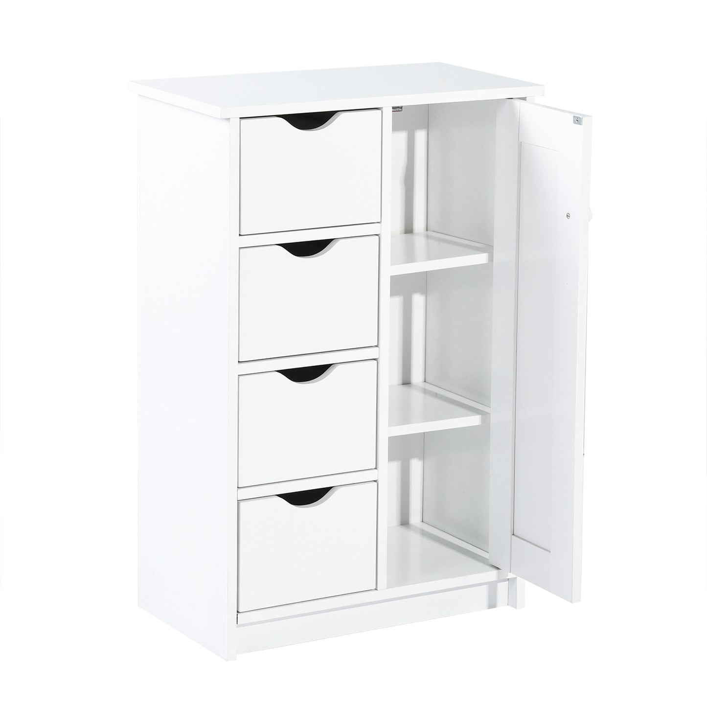 Pure White Wood Floor Storage Organizer Cabinet with 4 Drawers and 1 Door Cabinet 3 Shelves for Home and Office Use