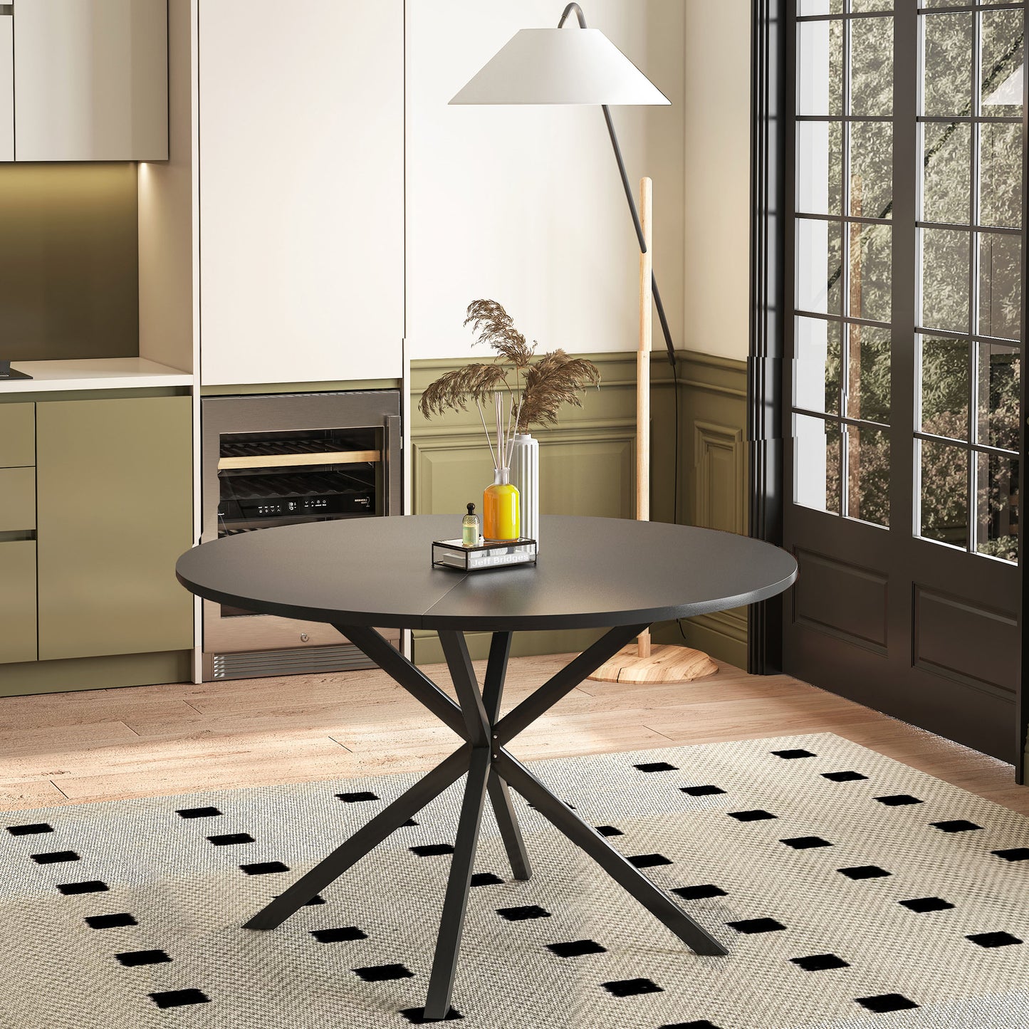 47.24'' Modern Cross Leg Round Dining Table, Black Top Occasional Table, Two Piece Removable Top, Matte Finish Iron Legs