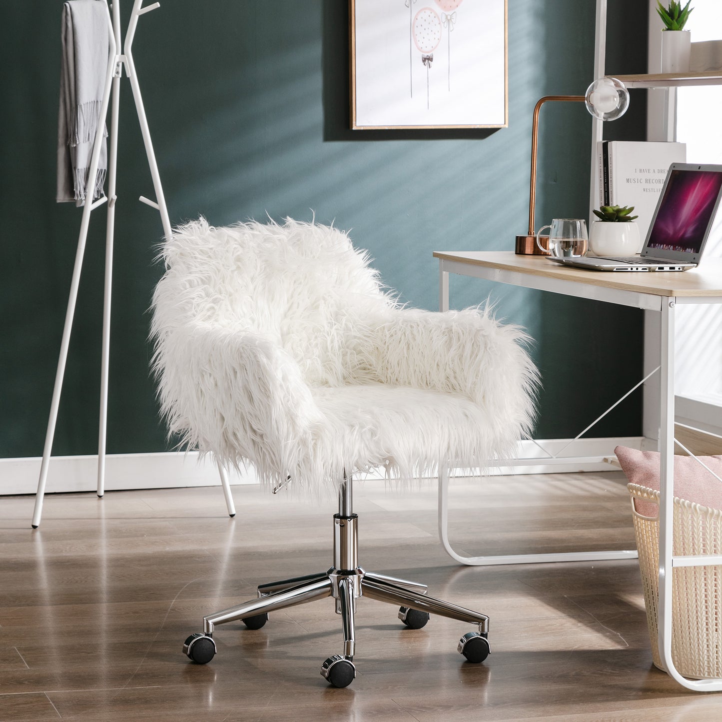 Modern Faux Fur Home Office Chair, Fluffy Chair For Girls, Makeup Vanity Chair