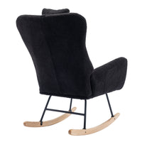 Black 35.5 Inch Soft Teddy Fabric Wingback Rocking Chair with Pocket Solid Wood Base for Nursery Living Room Bedroom