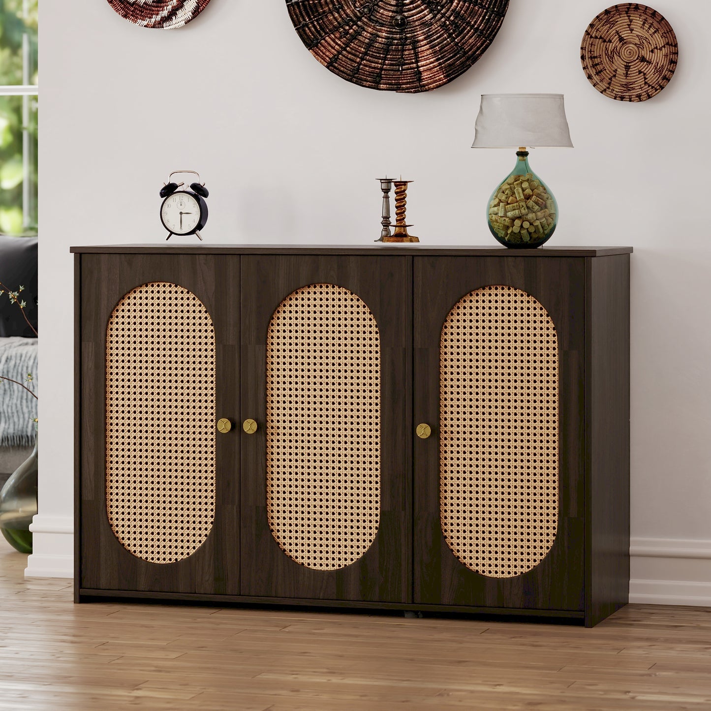 Retro 3-Door Accent Cabinet with Rattan Doors and Metal Handles for Living Room and Hallway Storage Brown