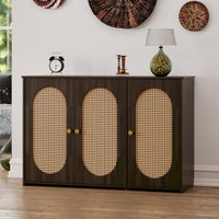 Retro 3-Door Accent Cabinet with Rattan Doors and Metal Handles for Living Room and Hallway Storage Brown