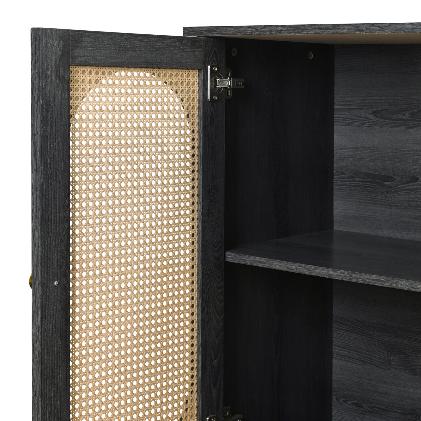 Retro 3-Door Accent Cabinet with Rattan Doors and Metal Handles for Living Room and Hallway Antique Black
