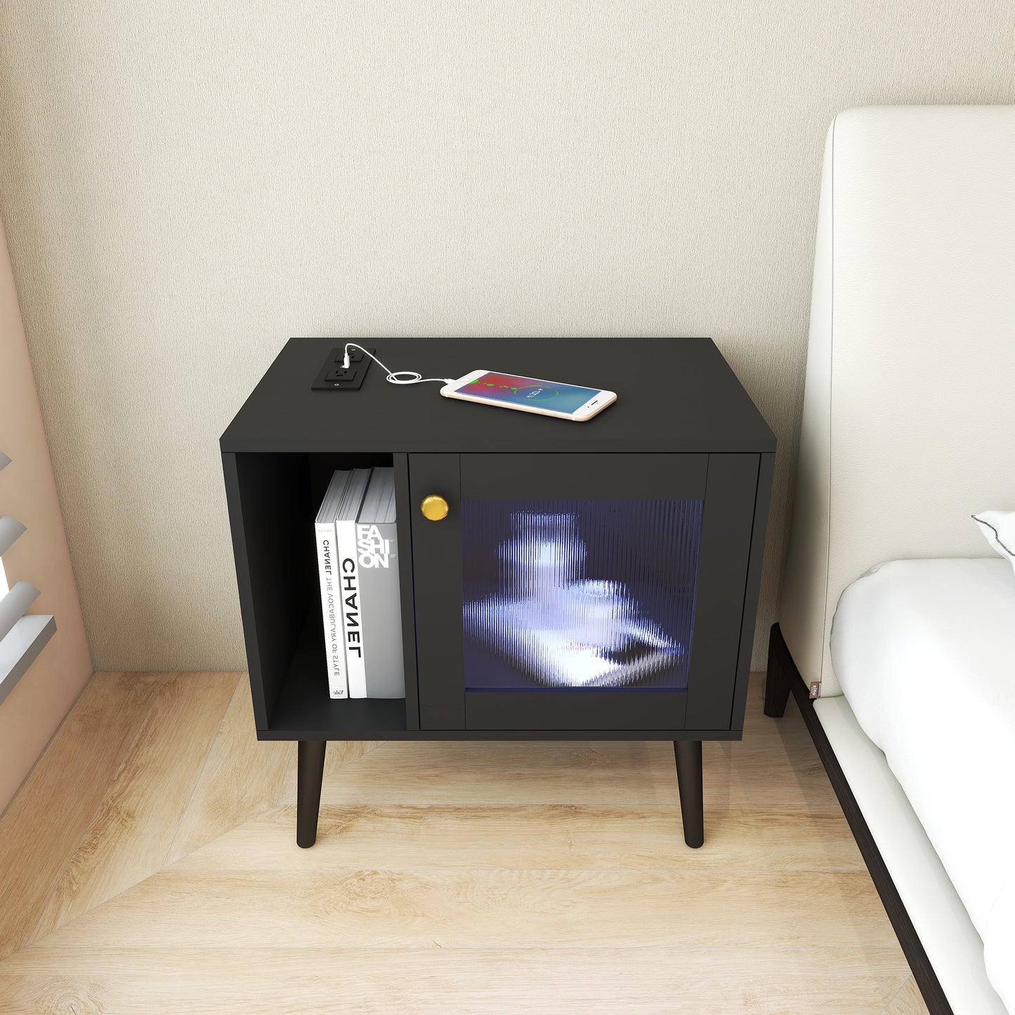 LED Nightstand with Charging Station Modern End Table with Drawer Glass Door Bedside Table for Bedroom Living Room Black