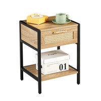 15.74 Inch Rattan End Table with Drawer Modern Nightstand Metal Legs Side Table for Living Room Bedroom Natural Finish