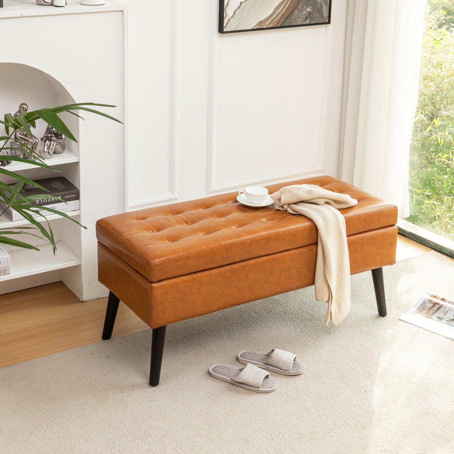 Brown Leather Storage Bench for Bedroom Entryway 43.3" Stylish Ottoman at Foot of Bed