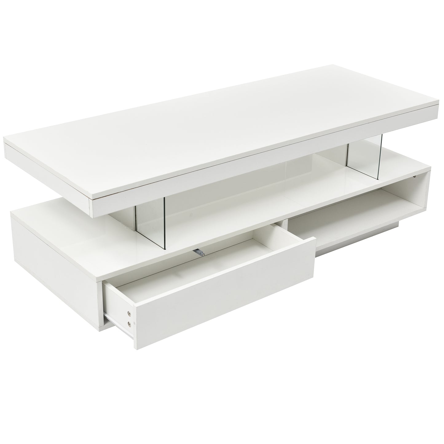 Modern LED Coffee Table with Storage and 2 Drawers, Accent Center Table with Display Shelves for Living Room, White