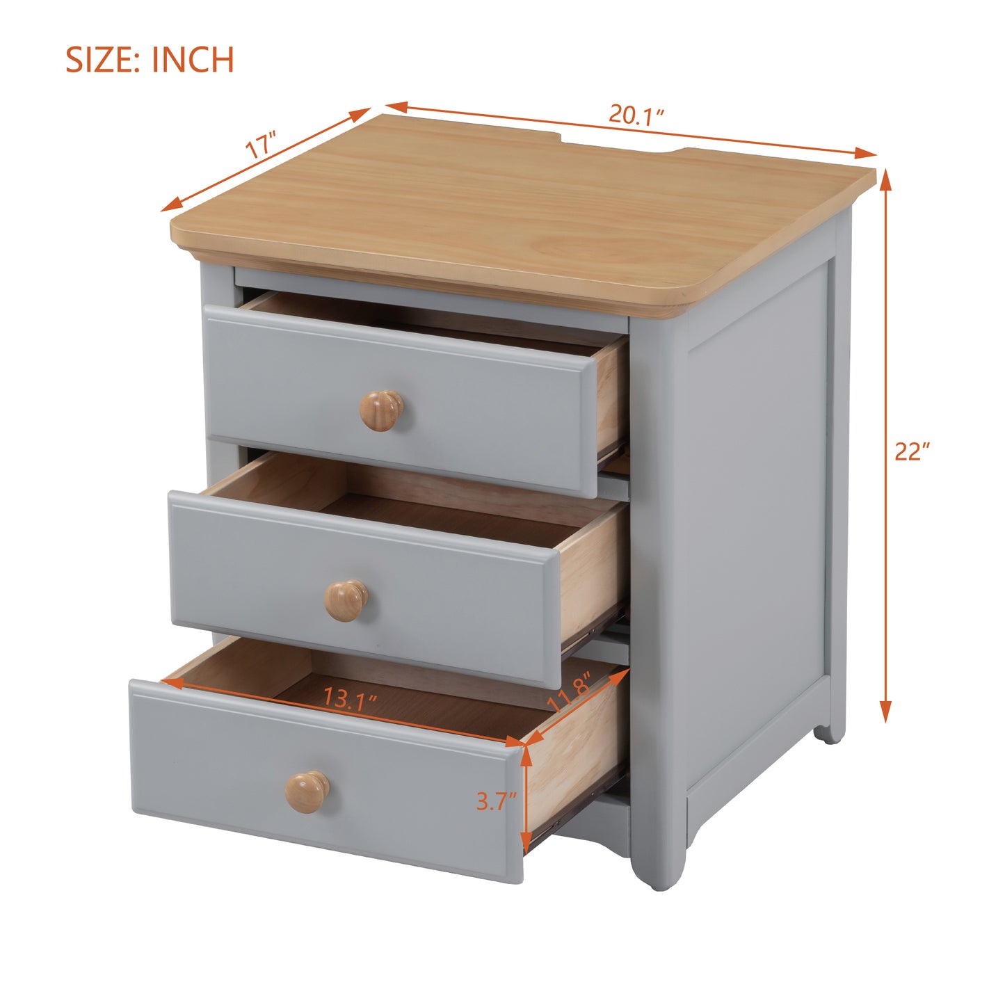 Wooden Nightstand with USB Charging Ports Three Drawers End Table for Bedroom Gray Natural Finish