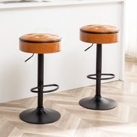 Adjustable Brown Faux Leather Bar Stool Set of 2 360° Swivel Armless Counter Height Chairs for Kitchen Dining Living Room