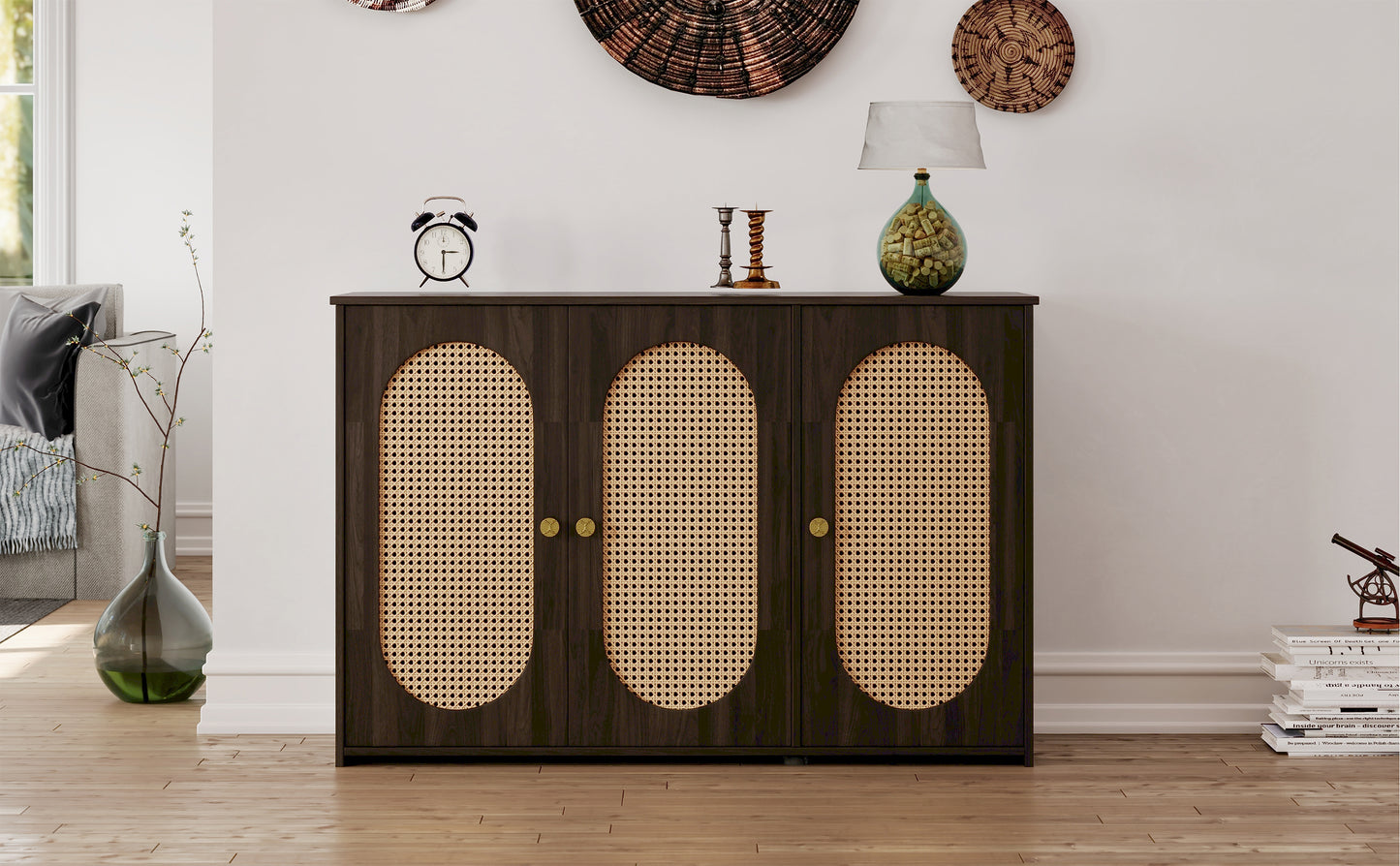 Retro 3-Door Accent Cabinet with Rattan Doors and Metal Handles for Living Room and Hallway Storage Brown