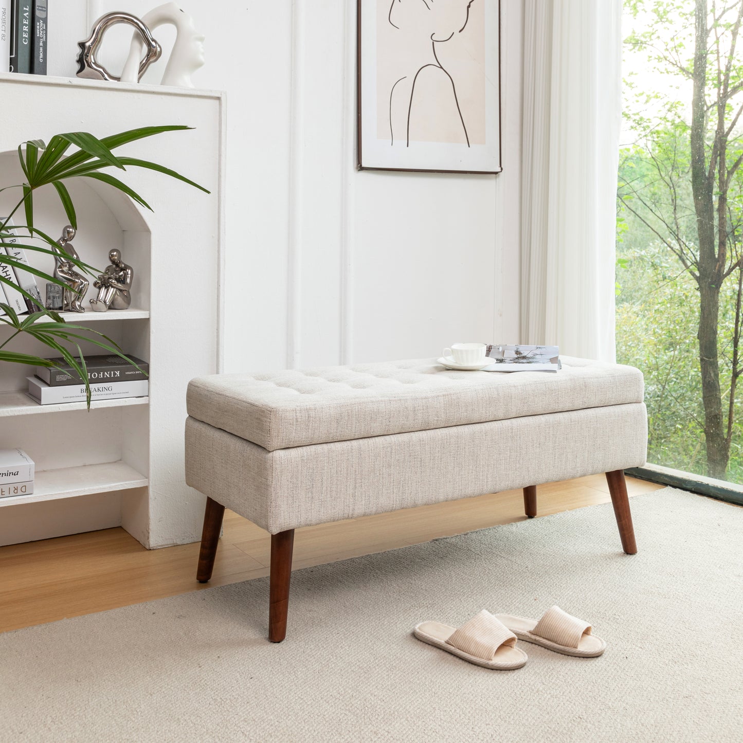 Off White Storage Bench for Bedroom or Entryway 43.7 Inch Ottoman Foot of Bed Seating Solution