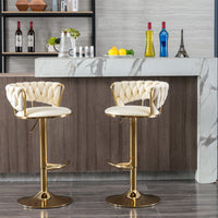 Set of 2 Velvet Bar Stools with Chrome Footrest and Base Swivel Adjustable Height Golden Legs Cream Color