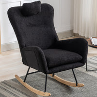 Black 35.5 Inch Soft Teddy Fabric Wingback Rocking Chair with Pocket Solid Wood Base for Nursery Living Room Bedroom