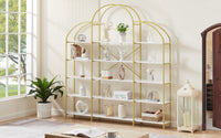 74.8 Inch 5 Tier Office Bookcase Bookshelf Display Shelf Round Top X Bar Gold Frame Modern Home Decor