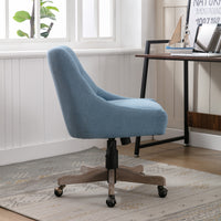 Adjustable Height Swivel Office Chair with Wheels Linen Fabric Upholstered Desk Chair Wooden Legs Navy