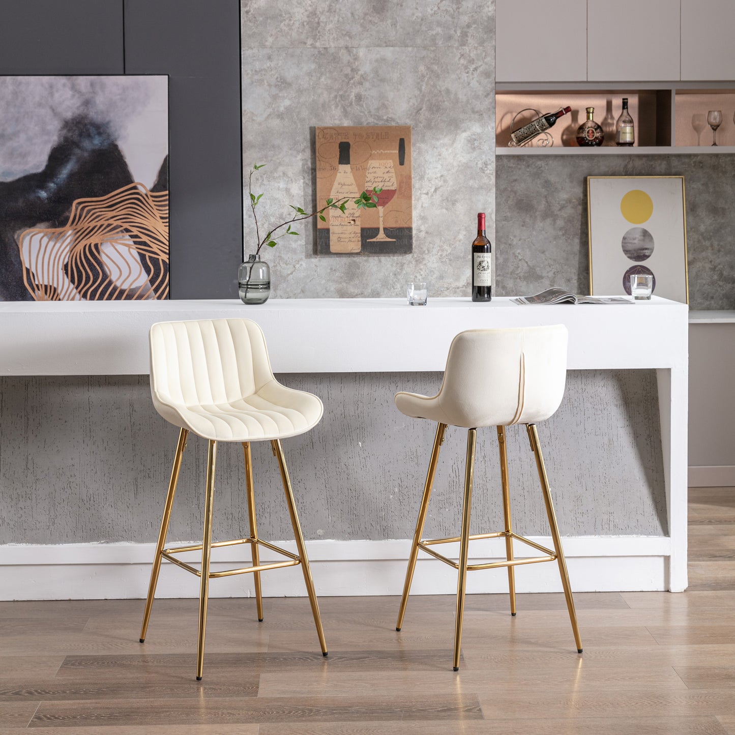 30 Inch Set of 2 Velvet Bar Stools with Chrome Footrest Golden Legs Simple High Counter Stool Cream