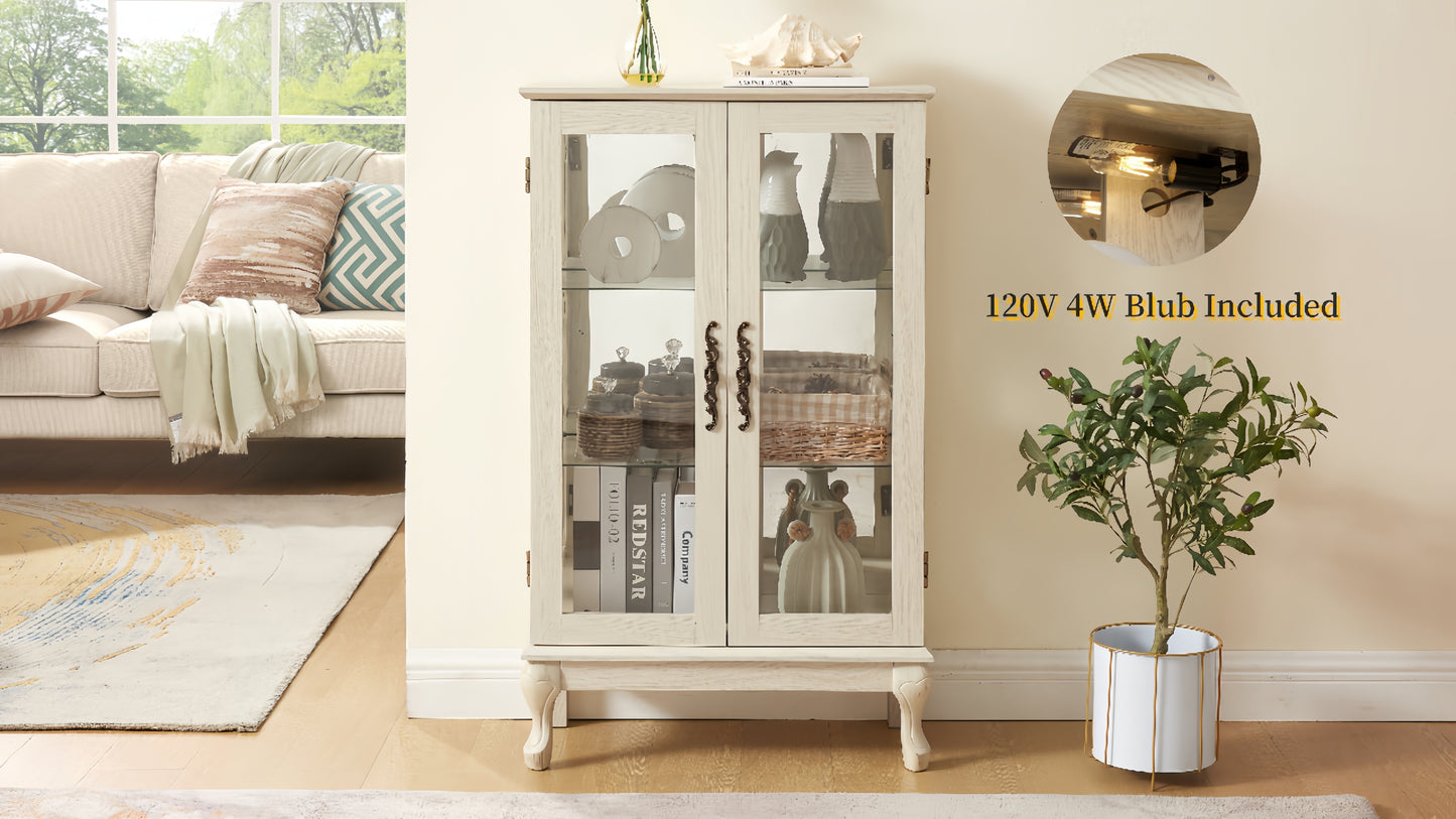 Elegant 2 Door Curio Cabinet with Glass Doors Adjustable Shelves Mirrored Back Lighted Display for Home Office