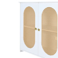 Retro 3-Door Accent Cabinet with Rattan Doors and Metal Handles for Living Room and Hallway Storage White