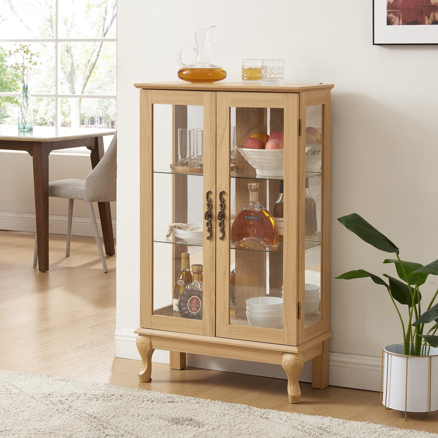 Elegant Oak Curio Cabinet with Glass Doors Adjustable Shelves Mirrored Back Lighted Display for Home Office