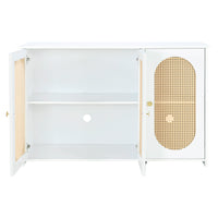 Retro 3-Door Accent Cabinet with Rattan Doors and Metal Handles for Living Room and Hallway Storage White