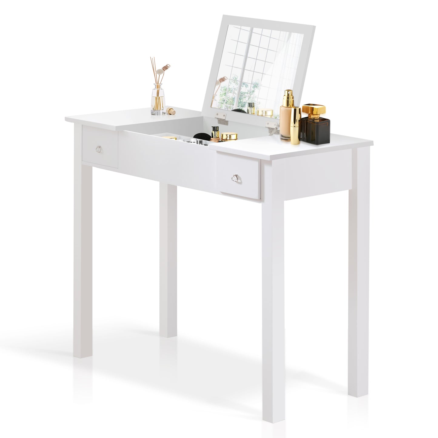 Accent White Vanity Table with Flip-Top Mirror and 2 Drawers for Jewelry Storage and Makeup Organization