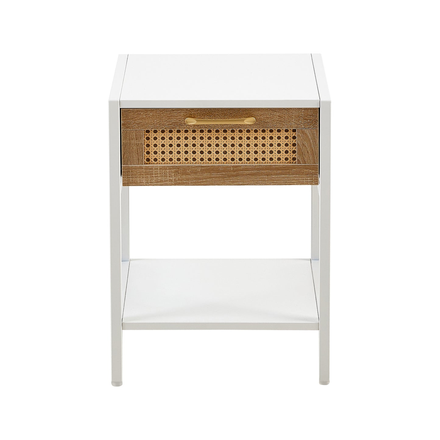 15.74 Inch Rattan End Table with Drawer Modern Nightstand Metal Legs Side Table for Living Room Bedroom White