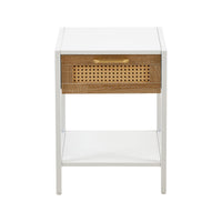 15.74 Inch Rattan End Table with Drawer Modern Nightstand Metal Legs Side Table for Living Room Bedroom White