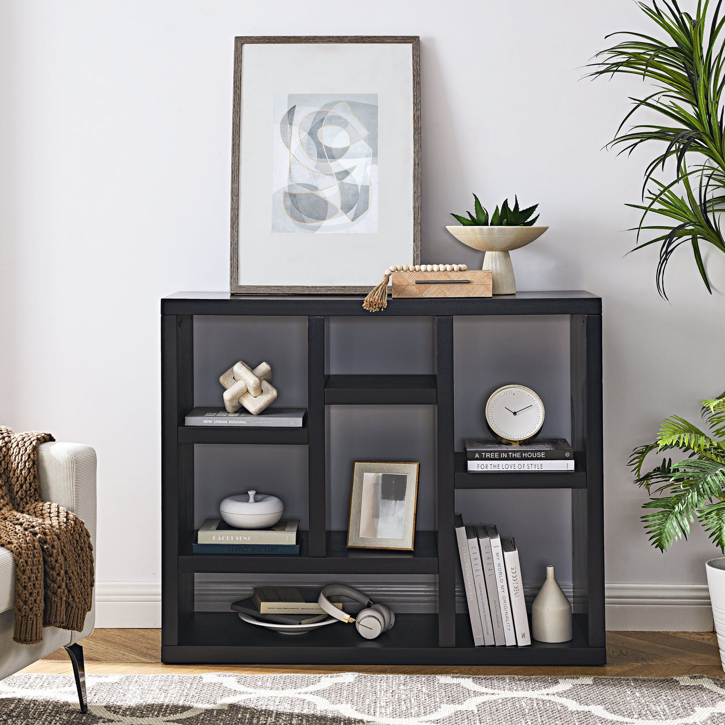 Open Wooden Shelf Bookcase Freestanding Display Storage Cabinet with 7 Cube Spaces for Living Room Entryway Storage