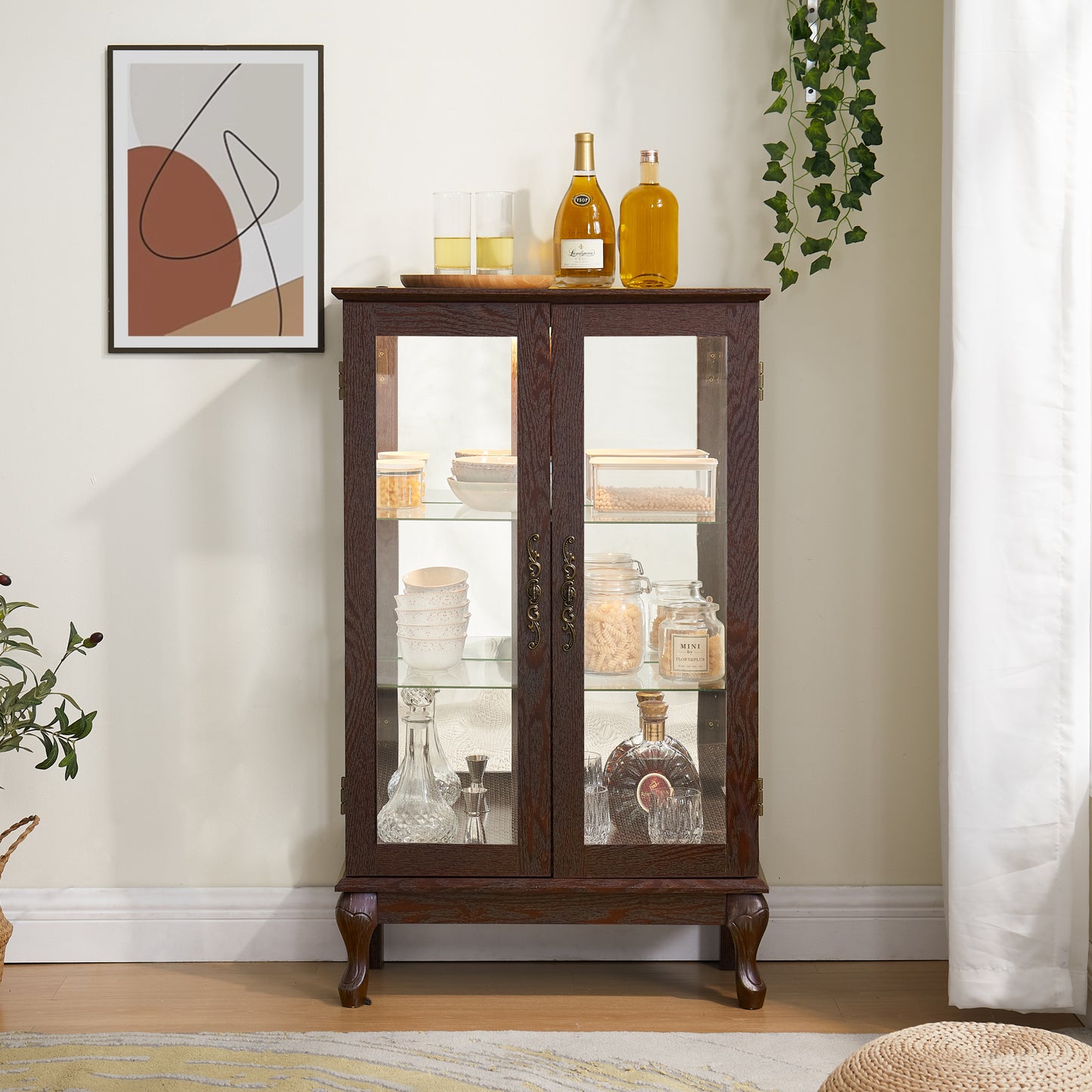 Elegant Cherry Curio Cabinet with Tempered Glass Doors Adjustable Shelves Mirrored Back and Lighted Display for Home Office