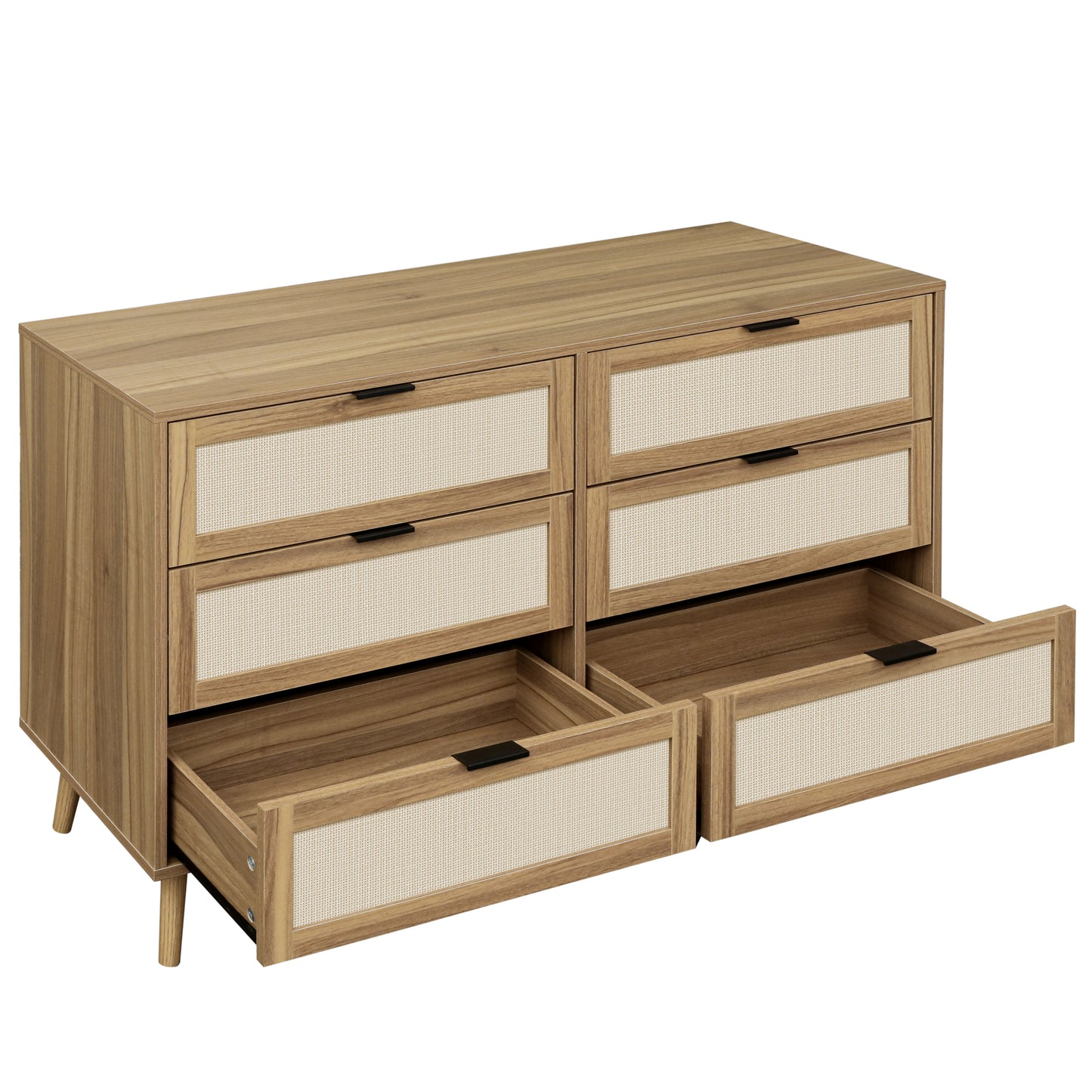 Modern 6 Drawer Wood Dresser Cabinet in Walnut Finish for Bedroom Storage