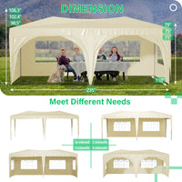 10x20 Beige Pop Up Canopy Tent with 6 Sidewalls Waterproof Commercial Outdoor Shelter Adjustable Heights Carry Bag Sand Bags, Ropes,Stakes