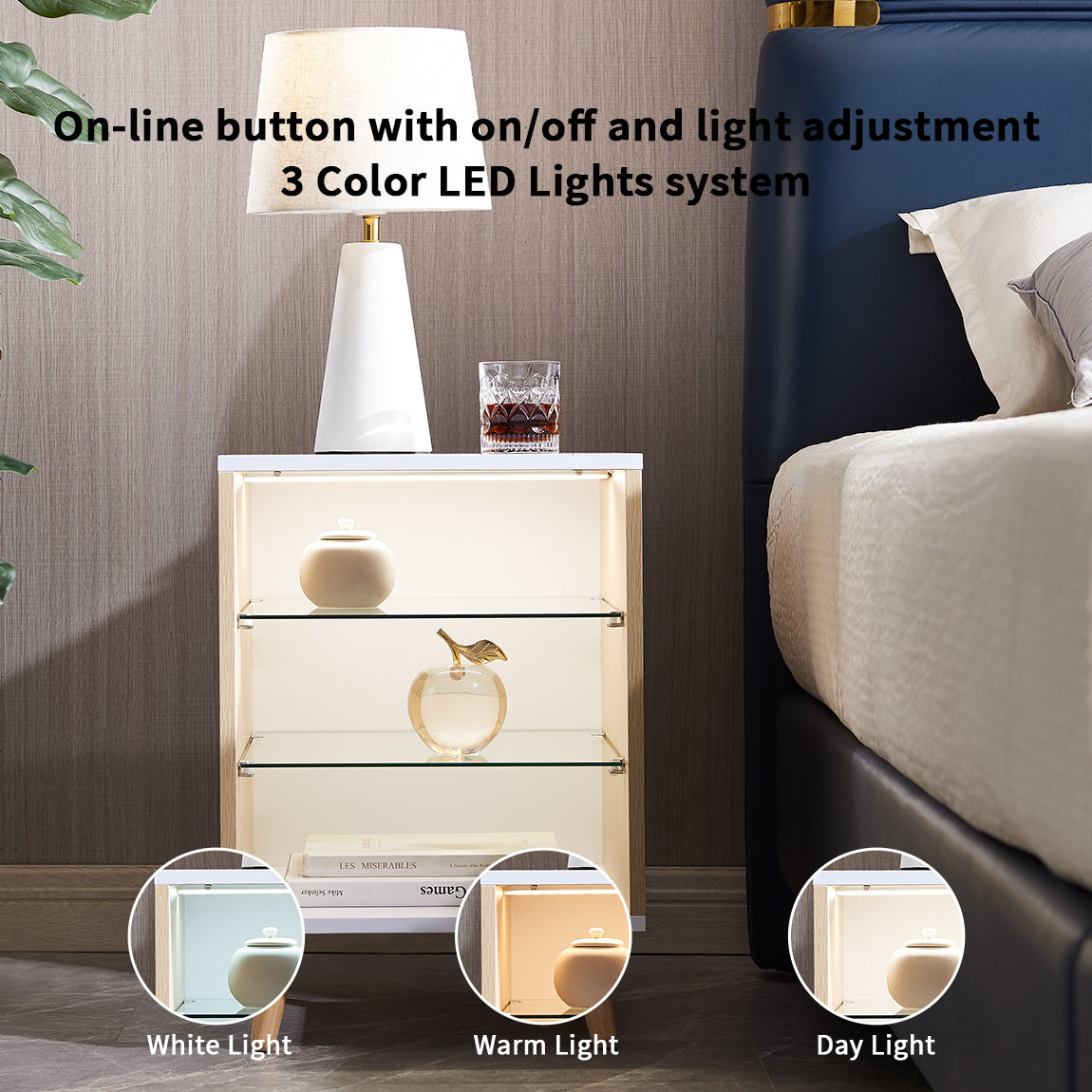 LED Nightstand with 2 Glass Shelves Modern Bedside Table Adjustable Brightness 3 Color LED Lighting Natural Wood for Bedroom Living Room