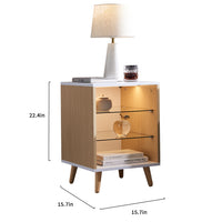 LED Nightstand with 2 Glass Shelves Modern Bedside Table Adjustable Brightness 3 Color LED Lighting Natural Wood for Bedroom Living Room