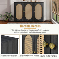 Retro 3-Door Accent Cabinet with Rattan Doors and Metal Handles for Living Room and Hallway Antique Black