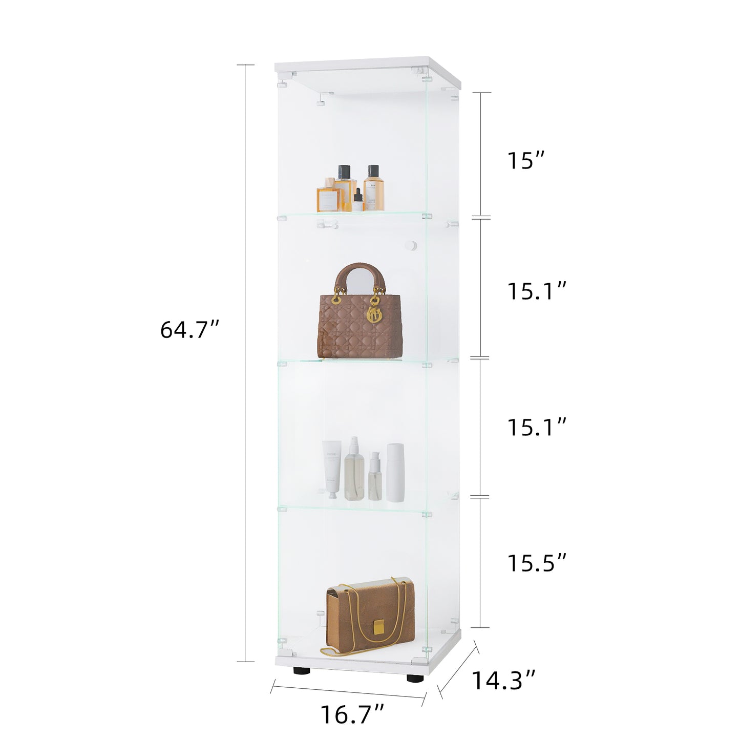 Glass Display Cabinet with 4 Shelves and Door Floor Standing Curio Bookshelf for Living Room Bedroom Office 64.7x16.7x14.3 White