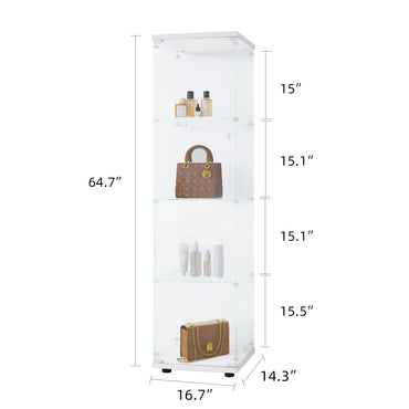 Glass Display Cabinet with 4 Shelves and Door Floor Standing Curio Bookshelf for Living Room Bedroom Office 64.7x16.7x14.3 White