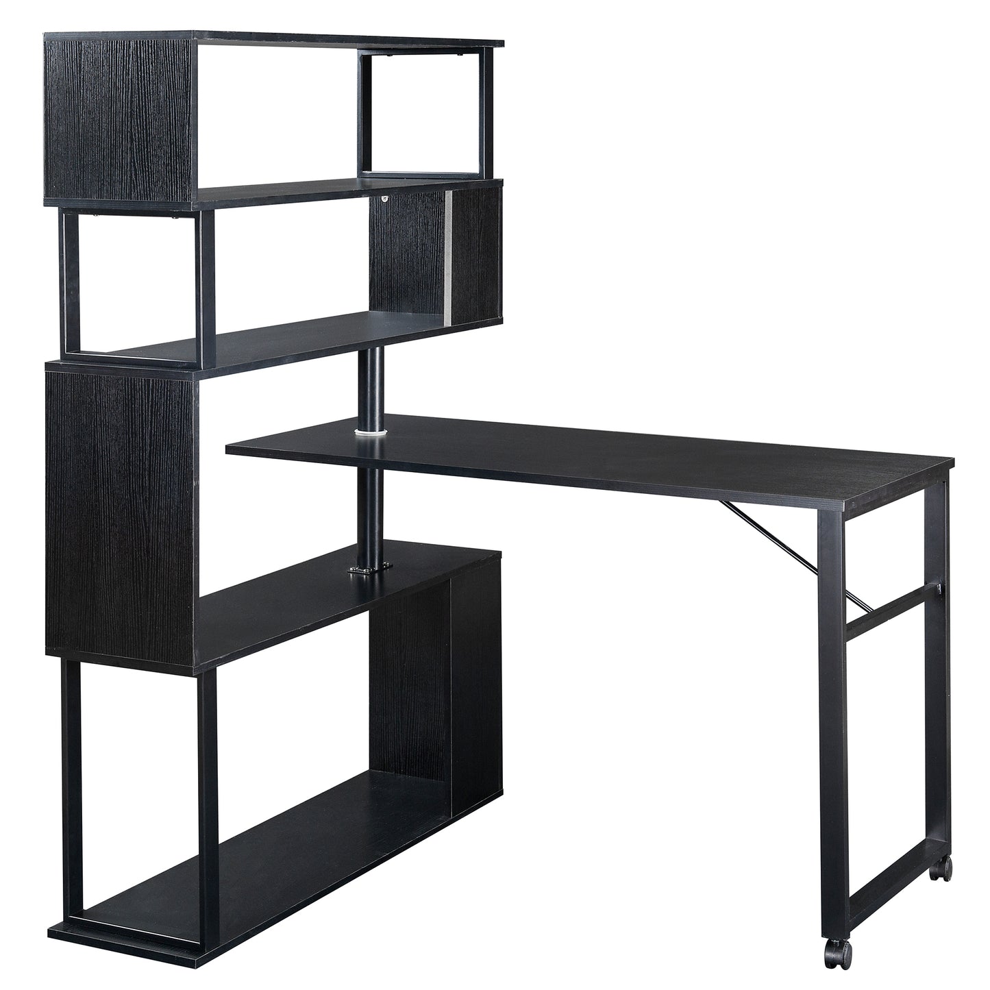 L-Shaped Corner Computer Desk with Rotating Table and 5-Tier Bookshelf, Lockable Casters, Four Installation Methods, Black