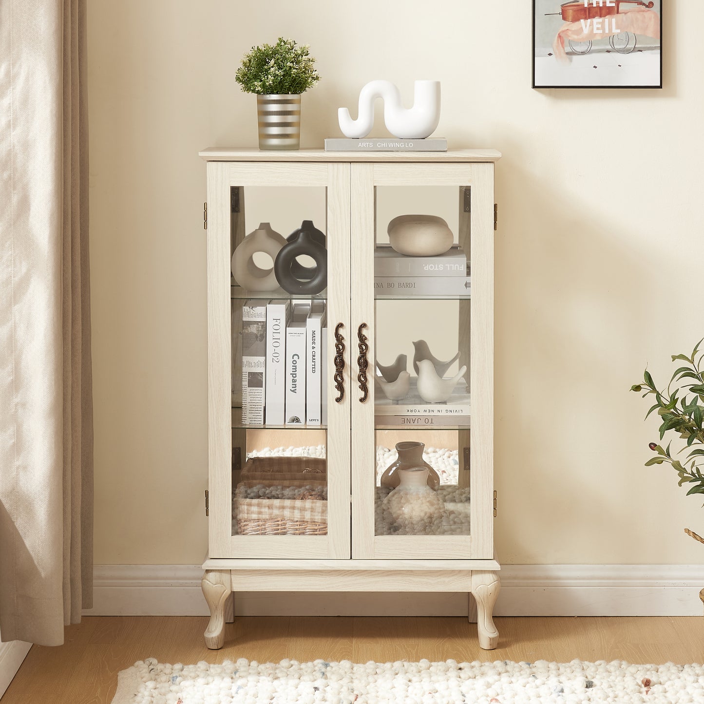 Elegant 2 Door Curio Cabinet with Glass Doors Adjustable Shelves Mirrored Back Lighted Display for Home Office