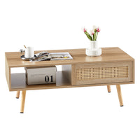 41.34 Inch Rattan Coffee Table with Sliding Door Storage Solid Wood Legs Modern Living Room Furniture Natural Design