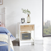 15.75 Inch Rattan End Table with Drawer Modern Nightstand Side Table for Living Room Bedroom White