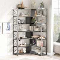 L-Shaped 7-Tier Corner Bookcase Industrial Style Metal Frame Open Storage Shelf MDF Board Home Office Furniture