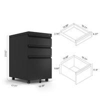 3-Drawer Mobile File Cabinet with Lock for Legal Letter Size Office Storage Pre-Assembled Metal Under Desk Black