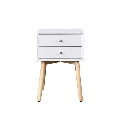 Mid-Century Modern Side Table with 2 Drawers and Rubber Wood Legs for Bedroom Living Room Storage White