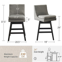 26 Inch Upholstered Swivel Bar Stools Set of 2 Modern Linen Fabric High Back Counter Stools Ergonomic Design Wood Frame